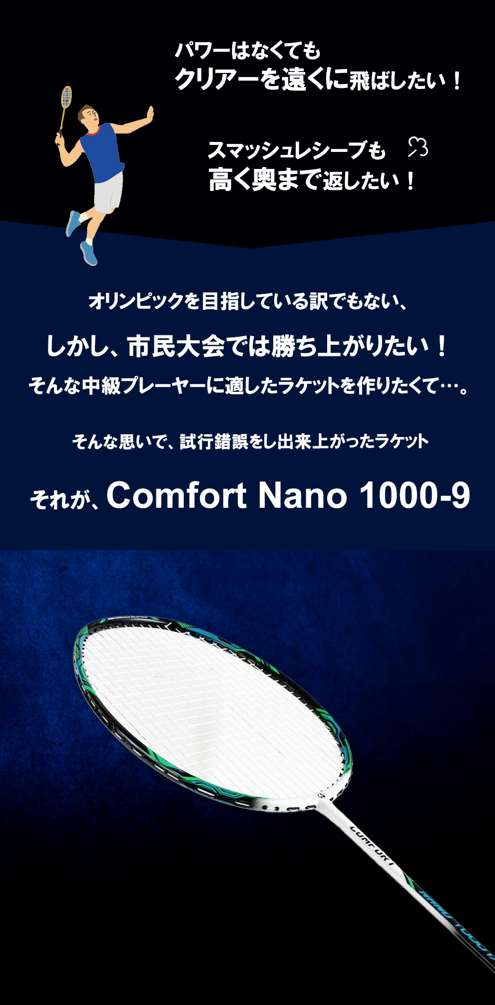 パワーはなくてもクリアーを遠くに飛ばしたい！スマッシュレシーブも高く奥まで返したい！市民大会では勝ち上がりたい！
技術やパワーを補ってくれる...そんな都合のいいラケットがあれば...そんな思いで、試行錯誤をし出来上がったラケットそれが、Comfort Nano 1000-9
そんなあなたに最適です。Comfort Nano 1000-9 ここがすごい！販売実績NO.1 トータル販売本数13,200本突破

