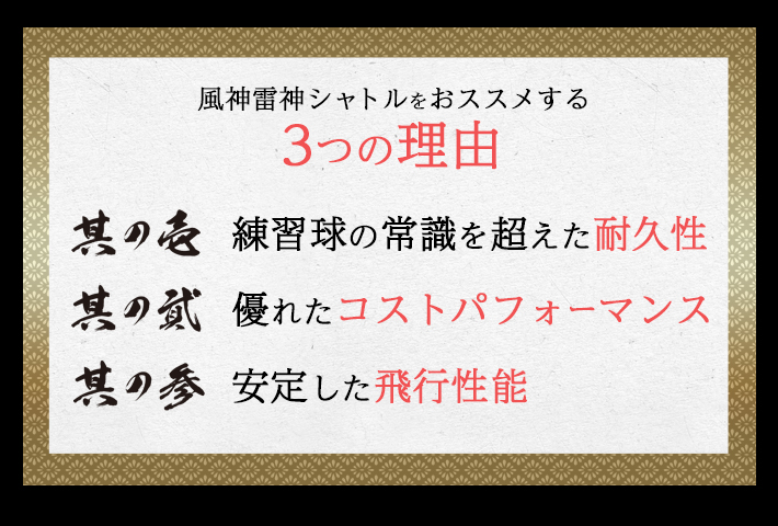 風神雷神をおススメする3つのポイント/その1：練習球の常識を超えた耐久性。/その2：優れたコストパフォーマンス/その3：安定した飛行性能